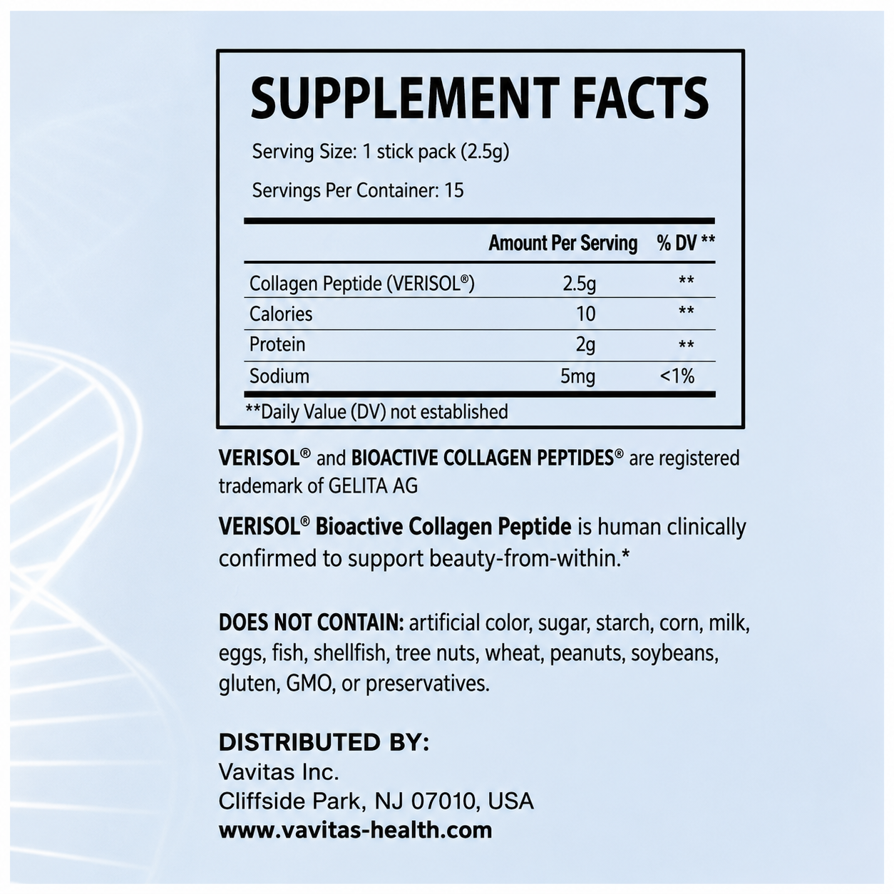 VAVITAS Collagen Peptide Stick Packs - VERISOL®, 2.5g, 15 Count