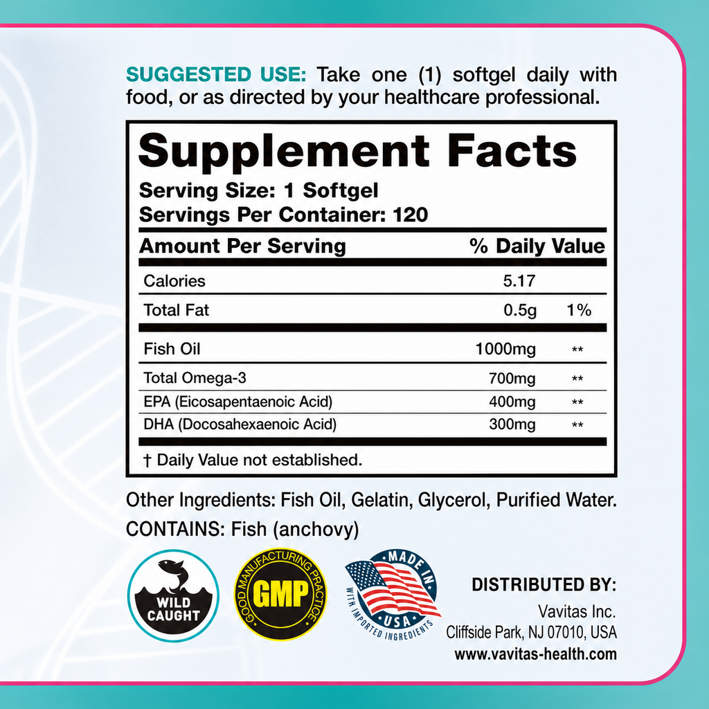 VAVITAS Fish Oil - 1000mg Fish Oil with 700mg Omega-3, EPA & DHA