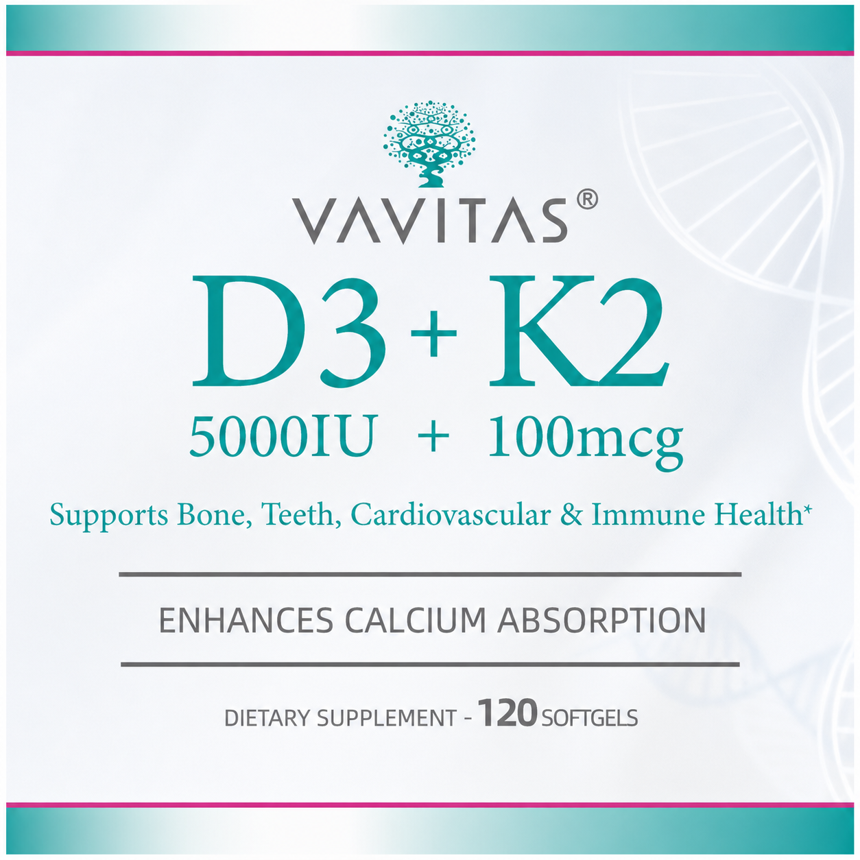 VAVITAS Vitamin D3 + K2 Softgels - 5000 IU D3, 100 mcg K2, 120 Count