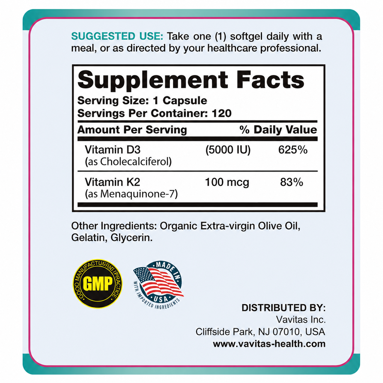 VAVITAS Vitamin D3 + K2 Softgels - 5000 IU D3, 100 mcg K2, 120 Count
